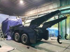 A JT Fabrication Lugger Truck body in the paint shop